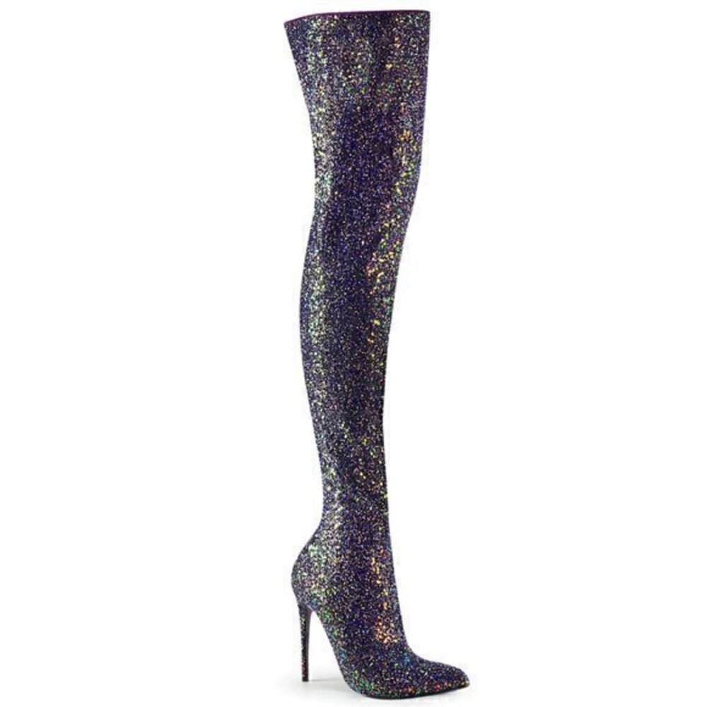 Pleaser Courtly 3015 Thigh High Heel Boots Black Glitter Size 6 NWOT